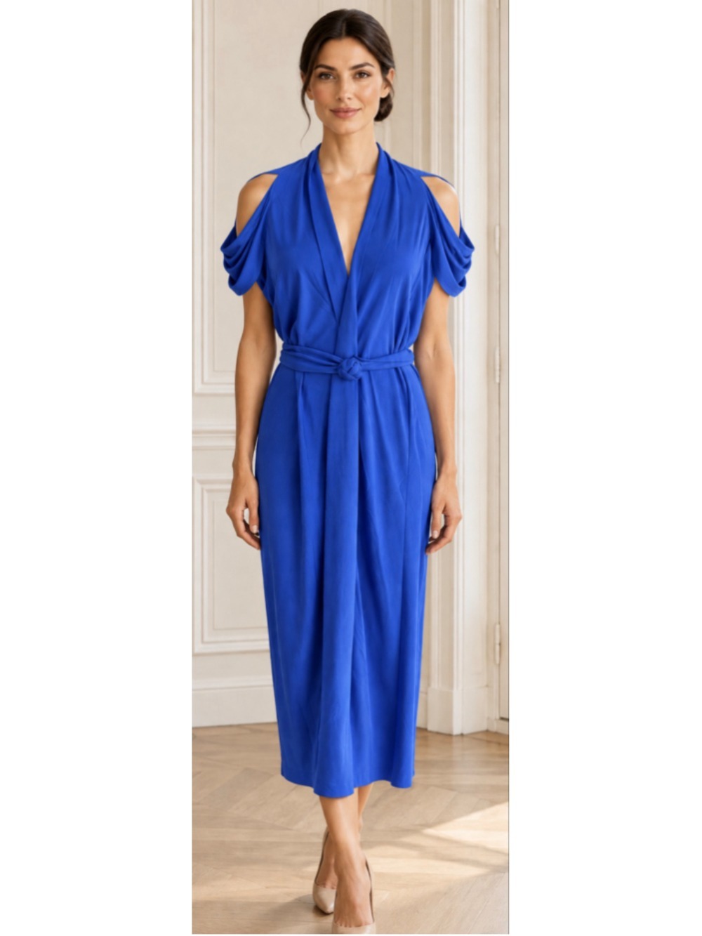 Roland Mouret Midi Dress, Size 8, Blue French Cold Shoulder Luxury